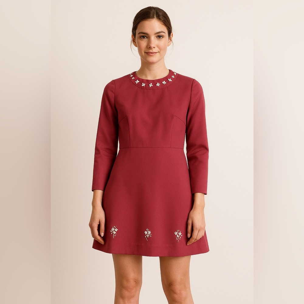 Handmade Burgundy Vintage Mini Dress Embroidered Floral Pearl Accent Size 6 M